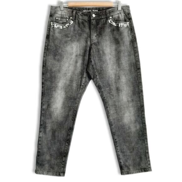 MICHAEL KORS / Jewelled Gem Pocket Cropped Skinny Jeans Grey Sz 10 - Picture 2 of 11